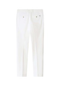 Hvide skræddersyede bukser set bagfra, med bæltestropper, to baglommer med knapper og et slankt design.