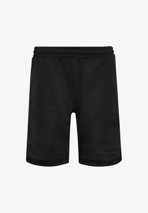 Black athletic shorts made from breathable mesh fabric, featuring an elastic waistband and a logo detail at the hem.