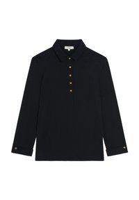 Polo a maniche lunghe di colore nero, realizzato in tessuto morbido. Presenta un colletto, una patta con bottoni frontale con bottoni dorati e polsini chiusi da bottone.