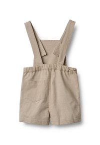 Pantalones suspendidos de un color beige claro, fabricados con material duradero, que cuentan con tirantes ajustables, cintura elástica y un bolsillo trasero.