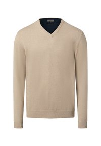 Beiger V-Ausschnitt-Pullover mit langen Ärmeln, glatter Textur, gerippten Bündchen und Saum sowie kontrastierendem dunklem innerem Halsausschnitt. Klassisches, minimalistisches Design.