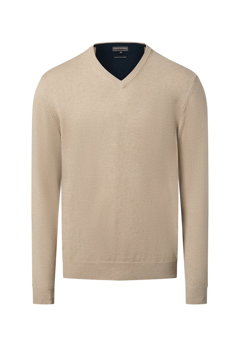 Beiger V-Ausschnitt-Pullover mit langen Ärmeln, glatter Textur, gerippten Bündchen und Saum sowie kontrastierendem dunklem innerem Halsausschnitt. Klassisches, minimalistisches Design.