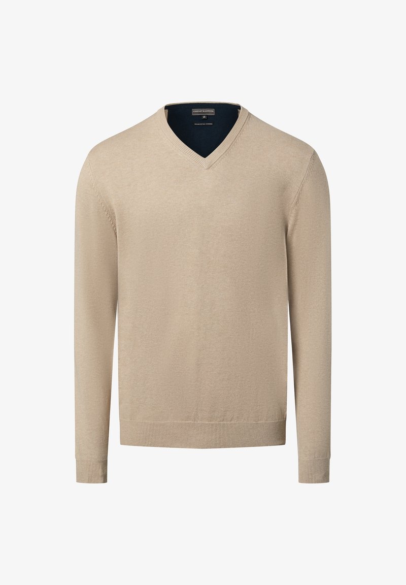 Beiger V-Ausschnitt-Pullover mit langen Ärmeln, glatter Textur, gerippten Bündchen und Saum sowie kontrastierendem dunklem innerem Halsausschnitt. Klassisches, minimalistisches Design.