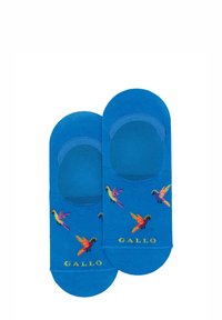Calzini alla caviglia in cotone blu con design di pappagalli colorati e logo "GALLO" sulla punta, dalla texture liscia e dal design a taglio basso.