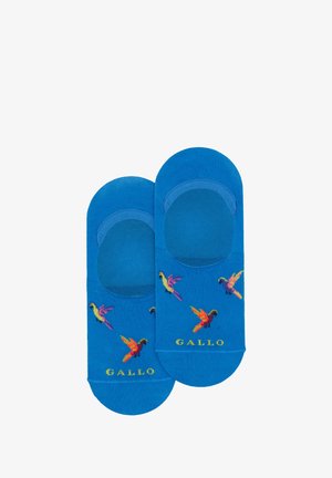 Blue cotton ankle socks featuring colorful parrot designs and the "GALLO" logo at the toe, with a smooth texture and low-cut style.