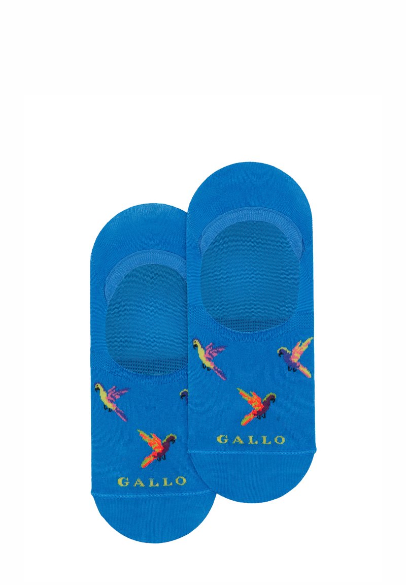 Calzini alla caviglia in cotone blu con design di pappagalli colorati e logo "GALLO" sulla punta, dalla texture liscia e dal design a taglio basso.