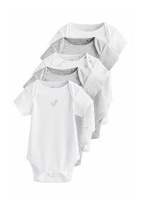 Five baby bodysuits in white and gray. Features short sleeves, round necks, and bottom snaps. One white suit has a small duck print.
