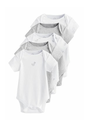 Five baby bodysuits in white and gray. Features short sleeves, round necks, and bottom snaps. One white suit has a small duck print.