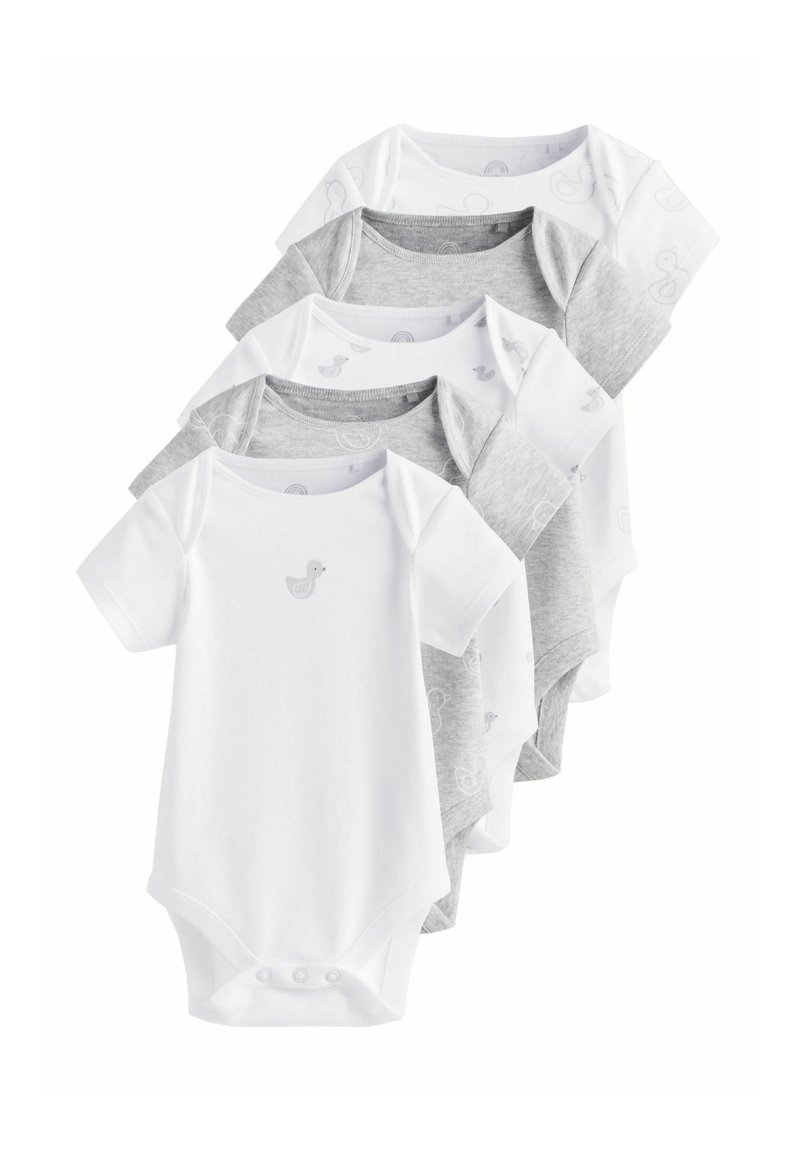 Five baby bodysuits in white and gray. Features short sleeves, round necks, and bottom snaps. One white suit has a small duck print.