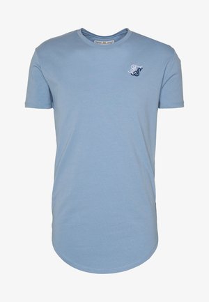 T-shirt bleu clair à manches courtes avec col rond et petit logo brodé blanc et marine sur la poitrine gauche.