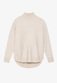Bež pleteni pulover s turtleneck ovratnikom, sproščenega kroja, rebrastimi manšeti in ukrivljenim robom. Teksturirana površina z mehkobo.
