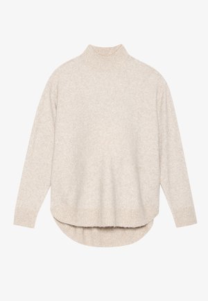 Beige kötött garbó pulóver laza szabással, bordás mandzsettákkal és ívelt aljjal. Texturált felület, puha megjelenéssel.