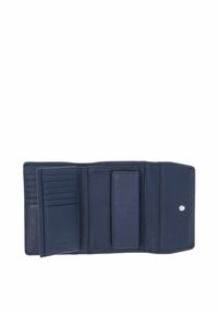 Navy leather wallet with multiple card slots, a larger pocket for bills, and a snap closure. Features a textured finish and neat stitching.