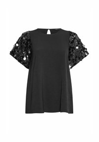 Top nero con maniche corte e strutturate, decorato con paillettes nere e dettaglio a occhiello sul retro. Tessuto del corpo liscio, silhouette rilassata.