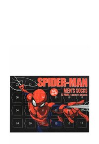 Spider-Man men's socks pack, featuring red and blue socks. Includes 12 pairs in sizes 40-45. Advent calendar style with numbered compartments.