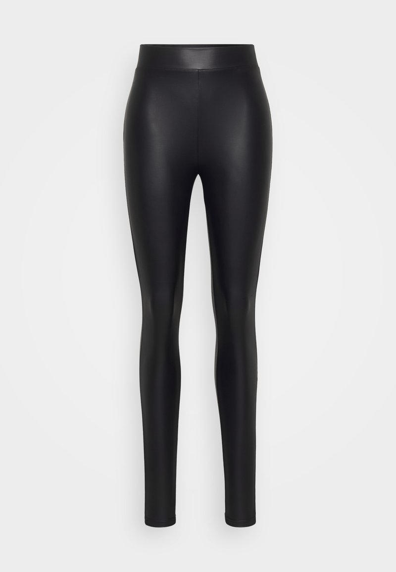 Schwarze Leggings aus Kunstleder mit glatter Textur, hohem Bund und tailliertem Design, das sich an den Knöcheln verjüngt.