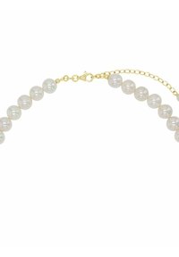 Collar de perlas con perlas blancas suaves y redondas y un cierre tono dorado. Cuenta con una delicada cadena ajustable para personalizar la longitud.