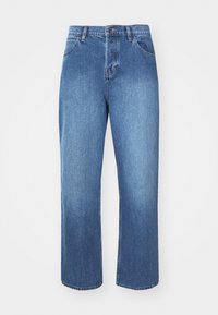 Denim jeans in medium blue, featuring a straight leg design, traditional five-pocket styling, and a classic button-and-zip fly.
