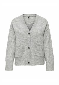 Cardigan gris avec un col en V, des manches longues, deux poches avant et quatre boutons noirs. Matériau tricoté doux et texturé avec une coupe décontractée.