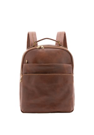 Brauner Leder-Rucksack mit glatter Textur, zwei Schulterriemen, einem oberen Tragegriff und goldenen Beschlägen. Verfügt über eine vordere Reißverschlusstasche und ein Hauptfach.