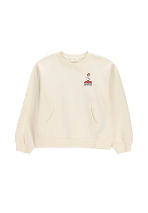 Bluza kremowa z kapturem, z przednią kieszenią, z małą grafiką Hello Kitty i przyjaciół z czerwonymi detalami po lewej stronie na klatce piersiowej.