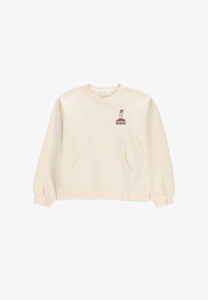 Bluza kremowa z kapturem, z przednią kieszenią, z małą grafiką Hello Kitty i przyjaciół z czerwonymi detalami po lewej stronie na klatce piersiowej.