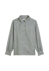 Koszula zapinana na guziki w stonowanym niebieskim kolorze z białym kwiatowym wzorem, długie rękawy z elastycznymi mankietami oraz klasyczny kołnierz. Miękka tekstura tkaniny.