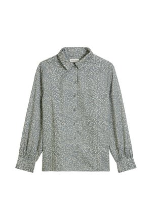 Knopfhemd in gedämpftem Blau mit weißem Blumenmuster, langen Ärmeln mit elastischen Bündchen und klassischem Kragen. Weiche Stofftextur.