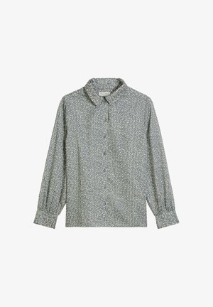 Koszula zapinana na guziki w stonowanym niebieskim kolorze z białym kwiatowym wzorem, długie rękawy z elastycznymi mankietami oraz klasyczny kołnierz. Miękka tekstura tkaniny.