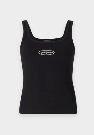 Débardeur noir à côtes avec un décolleté carré et un logo brodé "guess jeans" en blanc. Coupe ajustée et texture lisse.