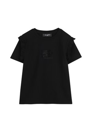 Zwarte T-shirt met korte mouwen, ruches op de schouders en een klein gestudeerd logo in het midden van de borst.