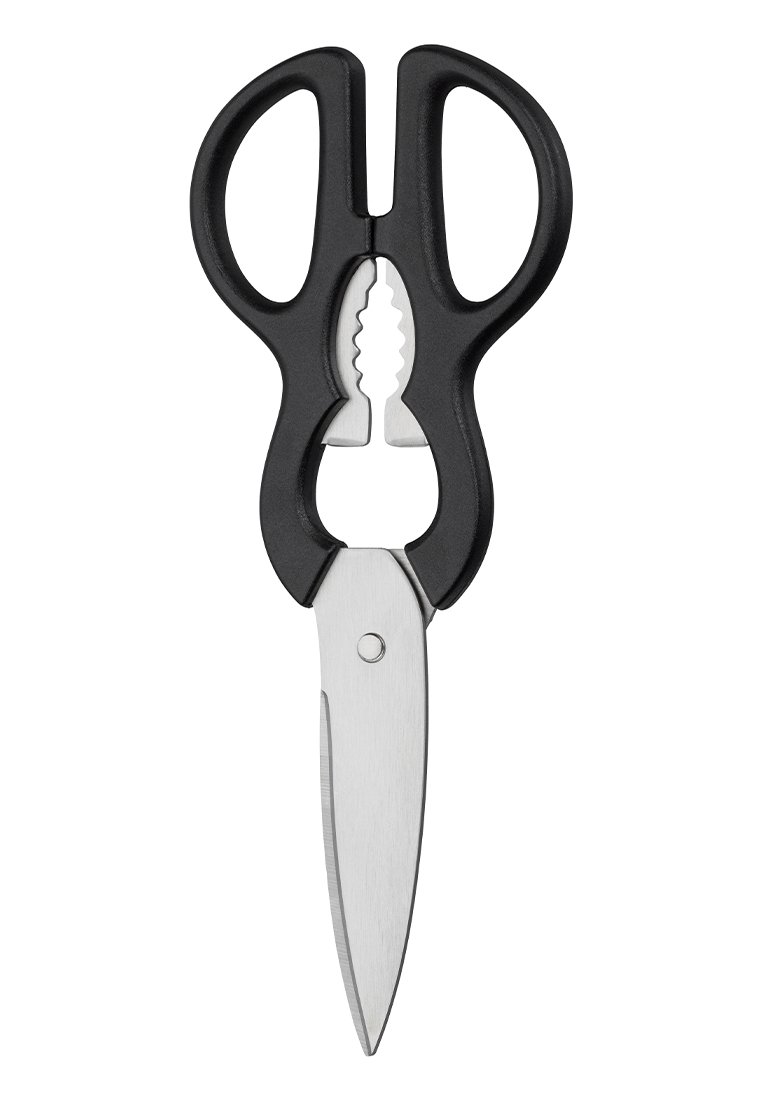 Tijeras de cocina con mango negro, cuchillas de acero inoxidable y área de agarre acanalada; diseñadas para cortar con empuñaduras texturizadas y forma ergonómica.