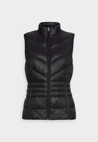 Czarna bezrękawnikowa kamizelka puchowa z wysokim kołnierzem, z charakterystycznym pikowaniem w zygzak, zamknięciem na zamek błyskawiczny oraz poziomymi przeszyciami.