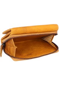 Yellow leather wallet with a textured finish, zip closure, and interior featuring a gingham pattern. Open to show ample storage space.