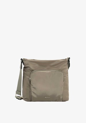 Nylon-Schultertasche in gedämpftem Beige mit einer vorderen Reißverschlusstasche, verstellbarem Riemen und dezentem Markenlogo auf der unteren Vorderseite.