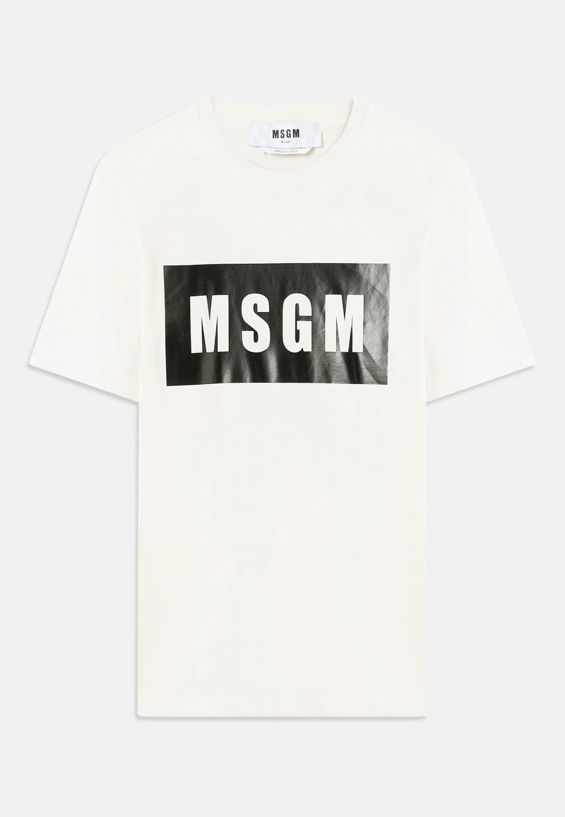 White cotton t-shirt featuring a large black rectangular panel with the text "MSGM" in bold white letters. Short sleeves and crew neck design.