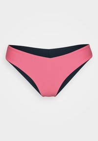 Pink and navy bikini bottom with a smooth texture, featuring a high-cut leg design and a wide waistband for a secure fit.