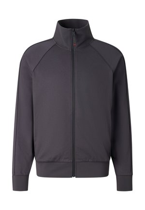 Donkergrijs jack met volledige rits, hoge kraag, raglanmouwen en geribde boorden en zoom, weergegeven op een witte achtergrond.