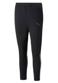 Schwarze Sporthosen mit einem dehnbaren Bund, tailliertem Design und grauen Akzenten an der Seite. Das Material scheint glatt und leicht zu sein.