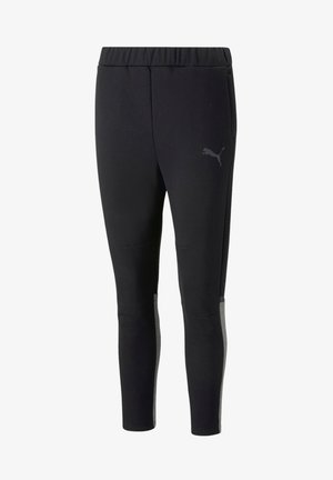Pantalons de sport noirs avec une taille élastique, design fuselé et accents gris sur le côté. Le matériau semble lisse et léger.