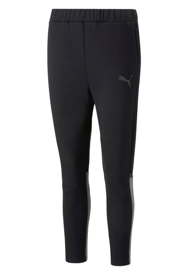 Schwarze Sporthosen mit einem dehnbaren Bund, tailliertem Design und grauen Akzenten an der Seite. Das Material scheint glatt und leicht zu sein.