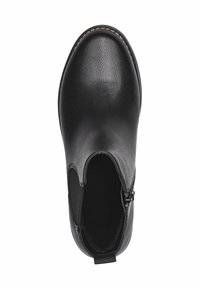 Musta nahkasaapas nilkkapituisena, pyöreällä varvalla, joustavilla sivupaneeleilla ja koristeellisella vetoketjulla. Silkkinen pinta hienovaraisella pinnan käsittelyllä.