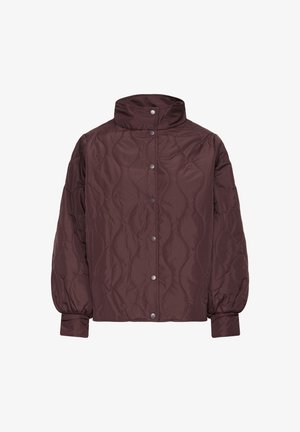 Katteriga maroon jakk, millel on kõrge krae, nööbiga sulgemine ja puhvärviga varrukad. Sile kangas peene läike ja lainelise mustriga.