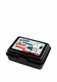 Scarpetta nera rettangolare con coperchio a cerniera. Il coperchio presenta Snoopy e Woodstock con la scritta "Buon Cibo Buon Umore" in blu e rosso.