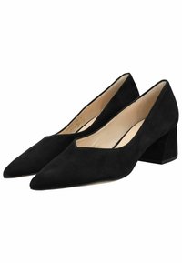 Zapatos de tacón de ante negro con puntera puntiaguda, tacón bajo en bloque y un corte en forma de V a lo largo del borde superior para mayor detalle y elegancia.