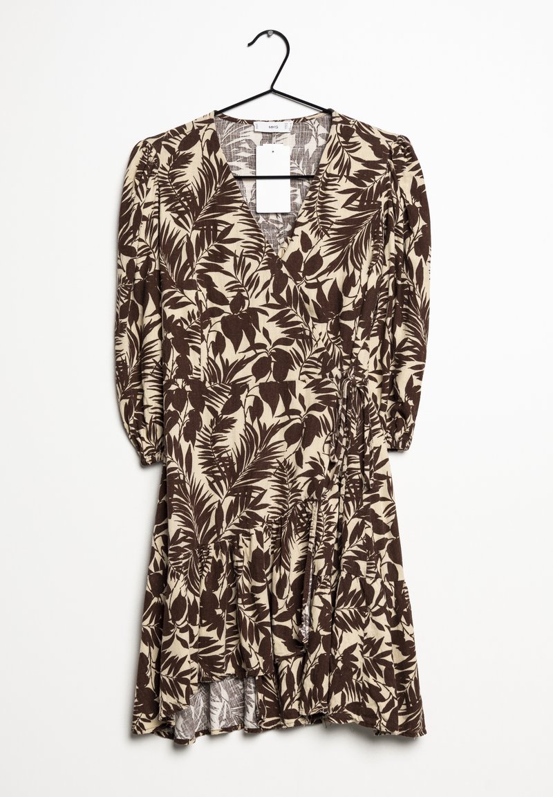 Floral patterned dress with short puff sleeves, V-neck, and layered skirt. Colors include cream and dark brown in a leafy design.