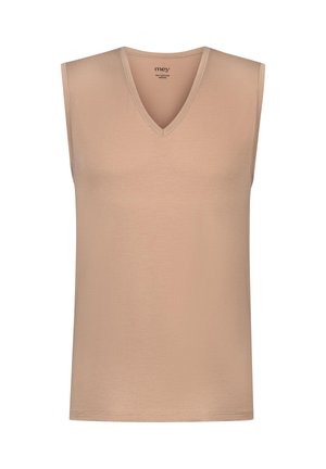 Beige ärmelloses Tanktop mit V-Ausschnitt aus strukturiertem Baumwollstoff. Verfügt über eine glatte Oberfläche und ein schlichtes Design ohne zusätzliche Akzente.
