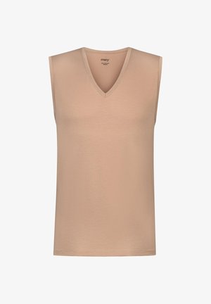 Beige mouwloze tanktop met V-hals, gemaakt van gestructureerde katoen. Heeft een gladde afwerking en een eenvoudig ontwerp zonder extra accenten.