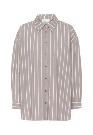 Beige striped button-up shirt with long sleeves, featuring white vertical stripes, a classic collar, and brown buttons down the front.