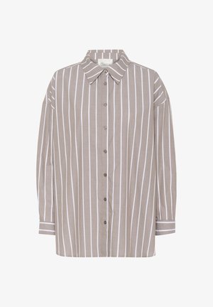 Beige gestreepte overhemd met lange mouwen, met witte verticale strepen, een klassieke kraag en bruine knopen aan de voorkant.